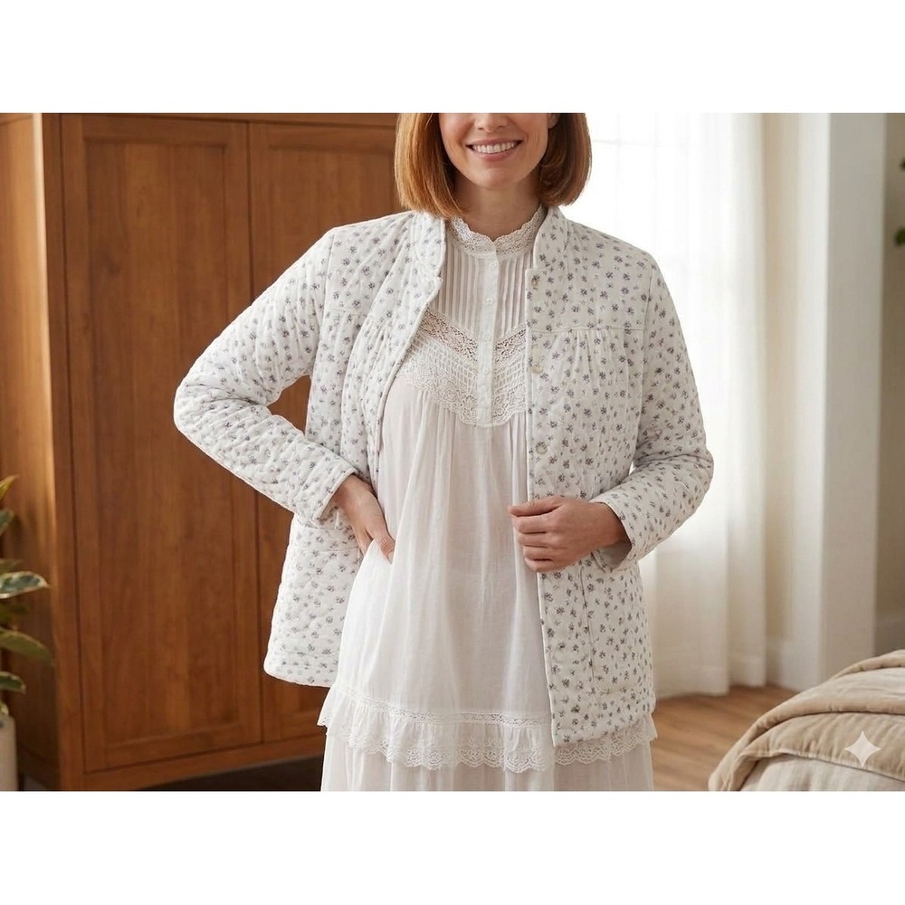 VERMONT COUNTRY STORE Double-Quilted Cotton Flannel Bed Jacket Small White Roses